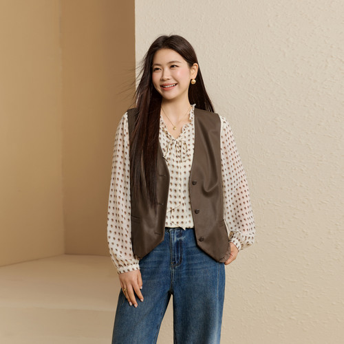 【蕾丝拼接PU皮马甲】纤莉秀大码女装复古摩登外搭胖m2026秋新款