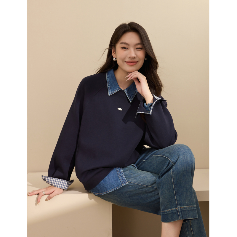 【格子拼接卫衣】纤莉秀大码女装慵懒百搭圆领上衣胖mm2025秋新款