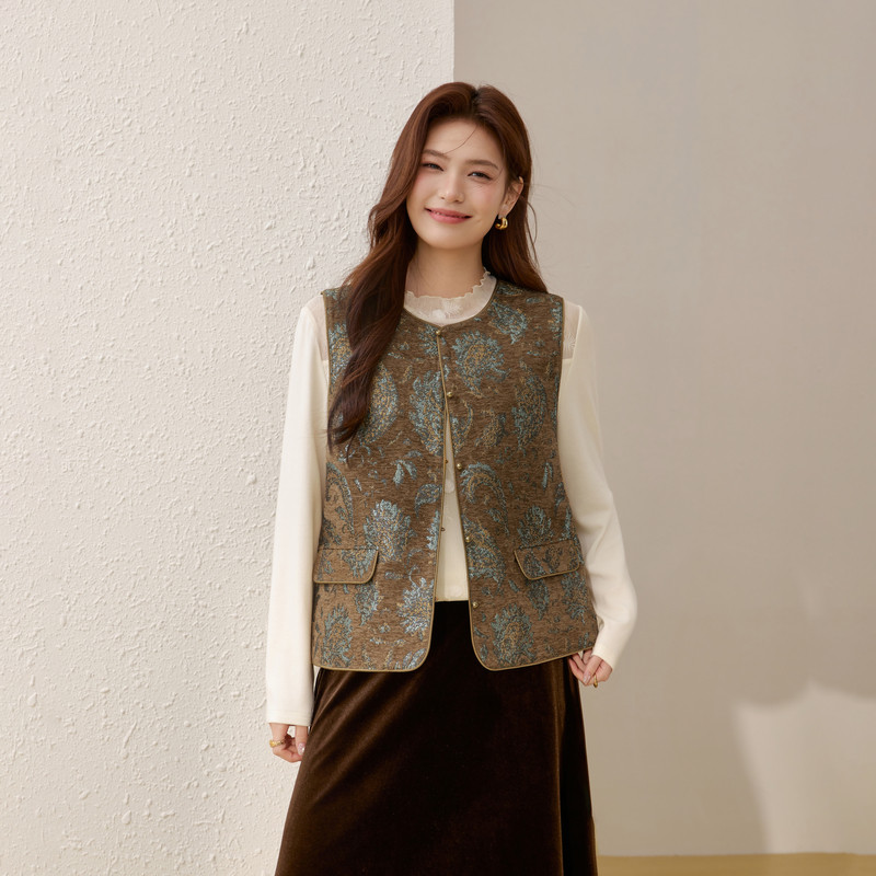 【露华浓】新中式提花叠穿马甲外套纤莉秀大码女装胖mm2026春装款