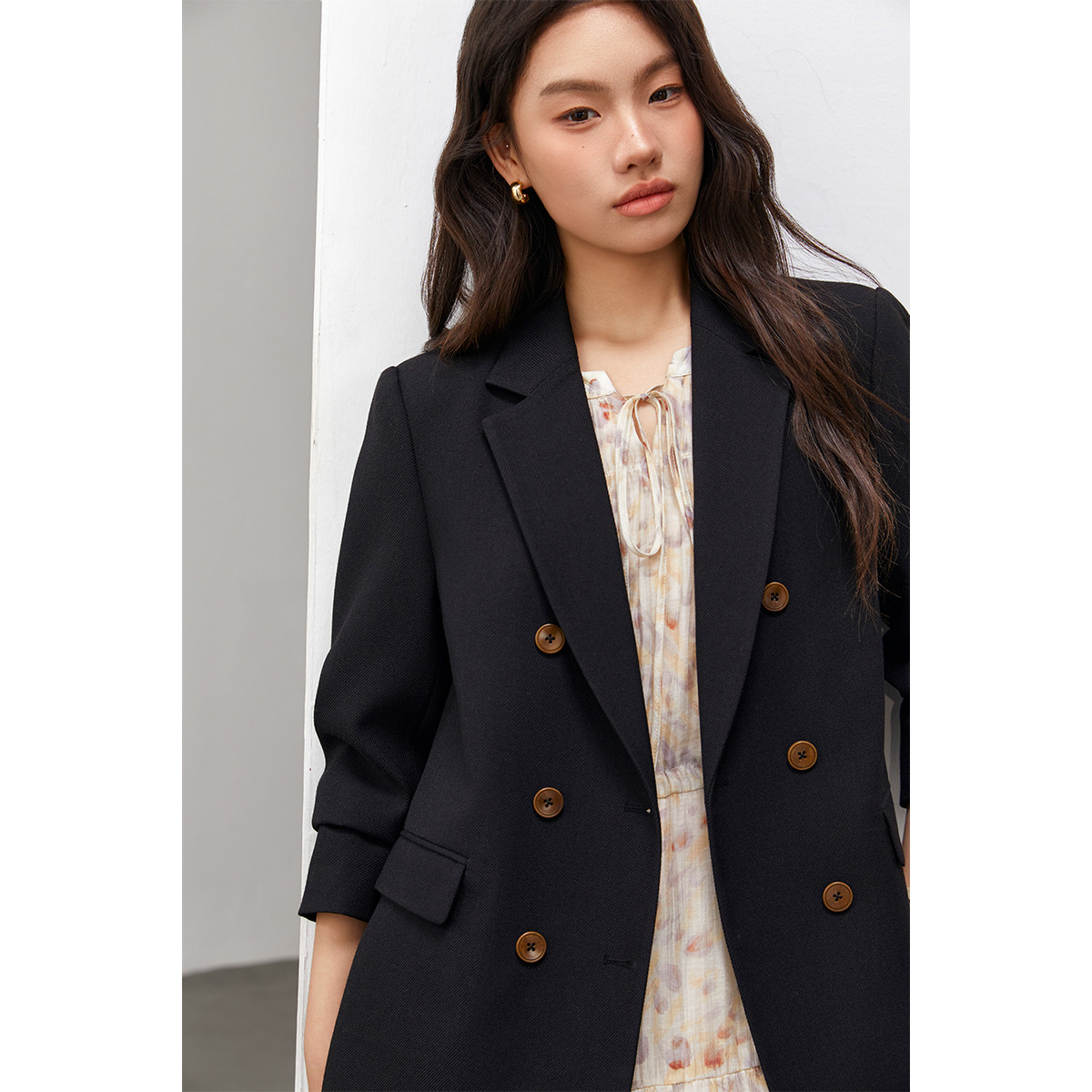 【通勤风双排扣枪驳领西装外套】纤莉秀大码女装胖mm2025春装新款