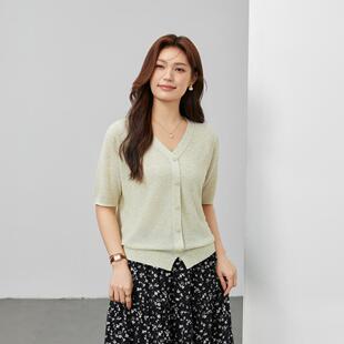 【信笺】慵懒风V领短袖针织开衫纤莉秀大码女装胖mm夏装新款