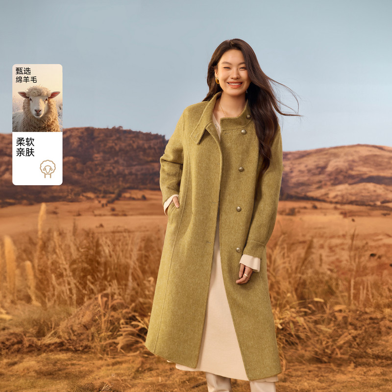 【黑标绵羊毛驼绒】中长款双面毛呢外套纤莉秀大码女装胖mm冬新款