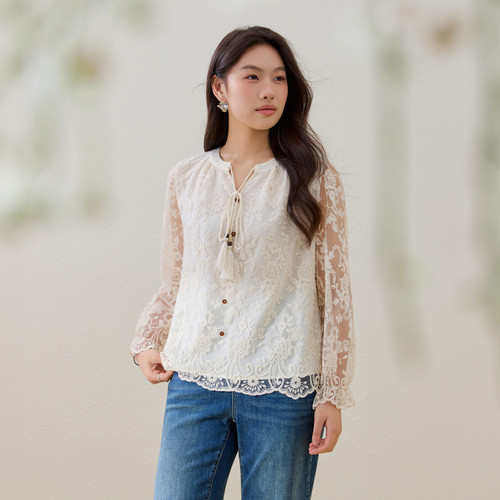 【浅月】复古蕾丝钩花镂空长袖衬衫纤莉秀大码女装胖mm2026夏新款