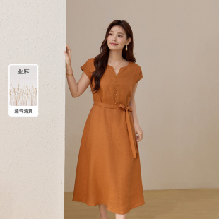 胖mm夏装 女装 收腰垂感100亚麻连衣裙纤莉秀大码 新款 海屿微光