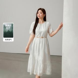 胖mm夏装 恋夏风莱赛尔混纺绣花连衣裙纤莉秀大码 新款 月光白茶