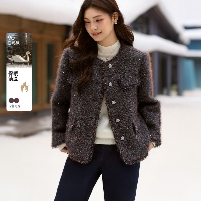 【高定黑标】毛绒亮片百搭羽绒服纤莉秀大码女装胖mm2025冬装新款