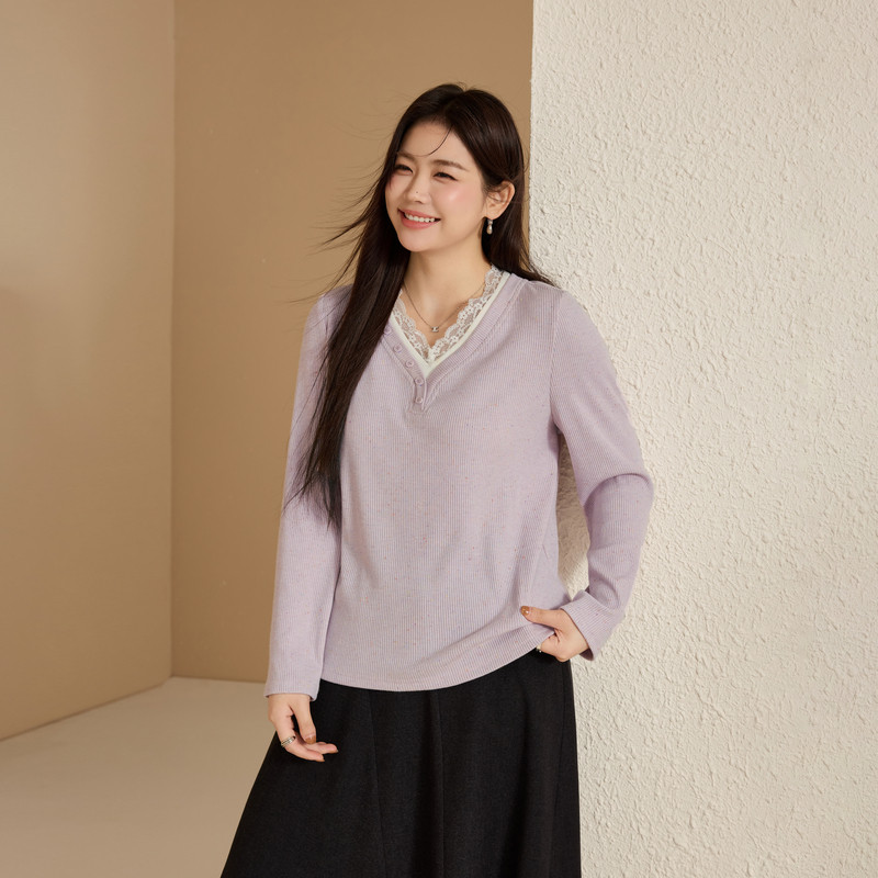 【减龄花边拼接T恤】纤莉秀大码女装韩系甜美V领上衣胖mm冬装新款