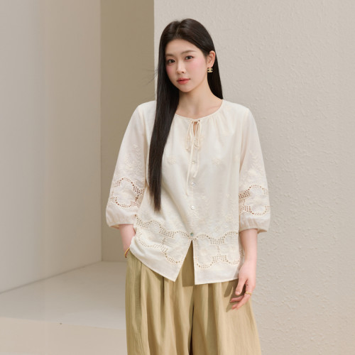 【镂空绣花纯棉衬衫】纤莉秀大码女装法式复古上衣胖mm2026夏新款