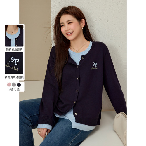 纤莉秀大码女装韩系温柔风简约圆领撞色假两件毛衣胖mm2024冬新款