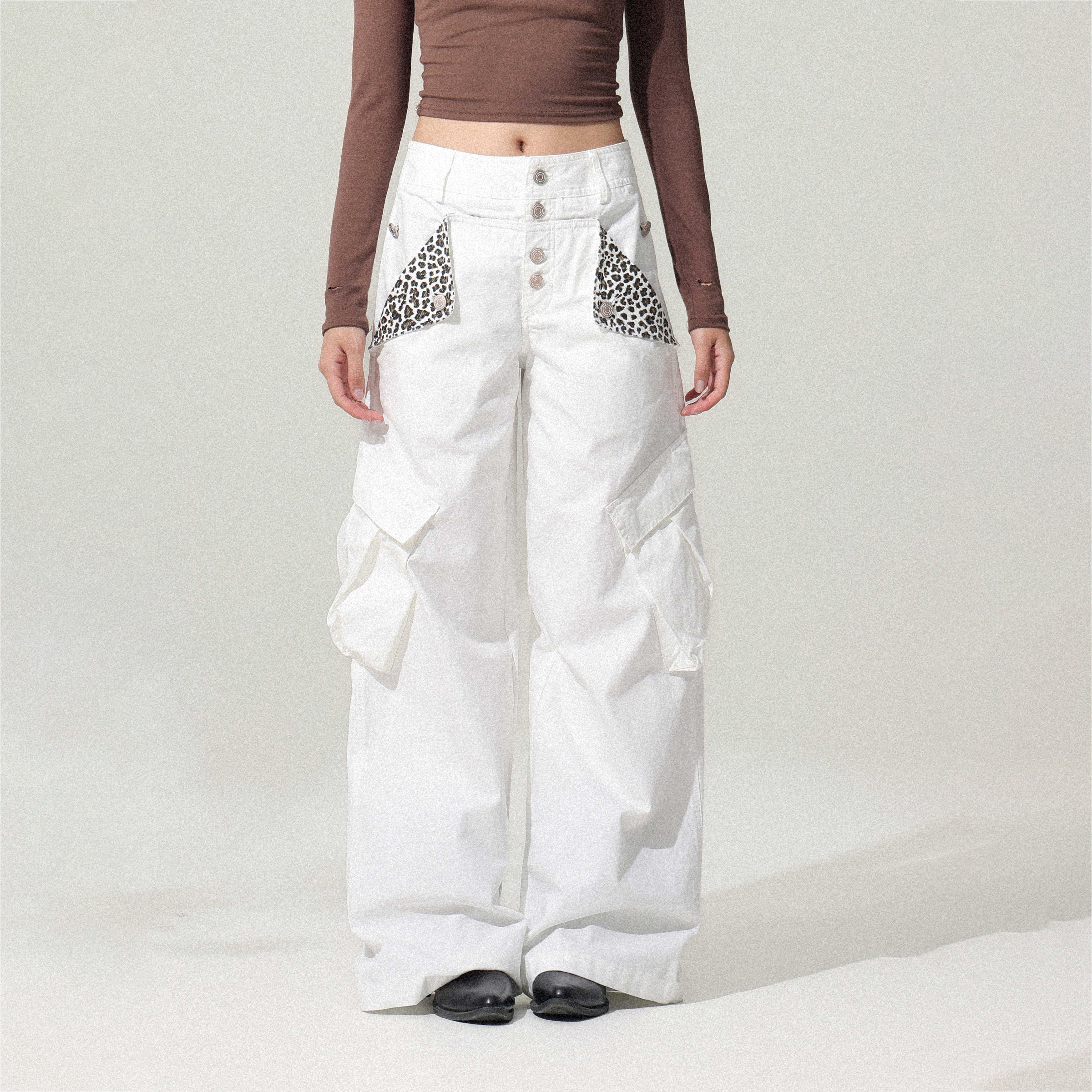 美式复古豹纹拼接工装裤白色长裤