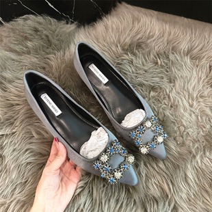 增高5cm气质雪花钻方扣尖头缎面法式浅口婚鞋气质小码33 34单鞋女