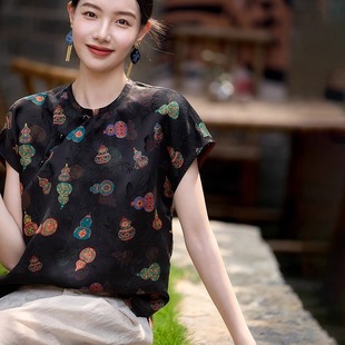 宝葫藏珍东方丝韵mm红云纱葫芦印花国风上衣女夏