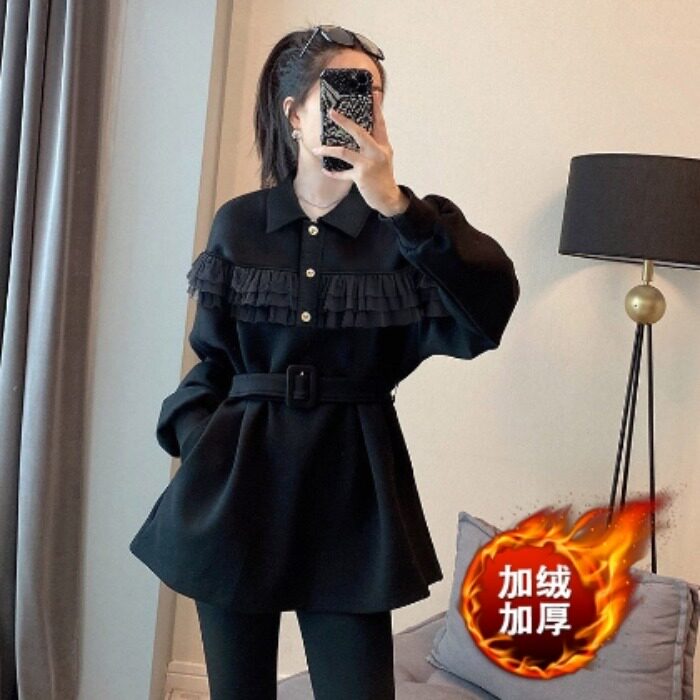 加绒加厚荷叶边拼接卫衣女冬季高级感收腰气质上衣2025新款欧货