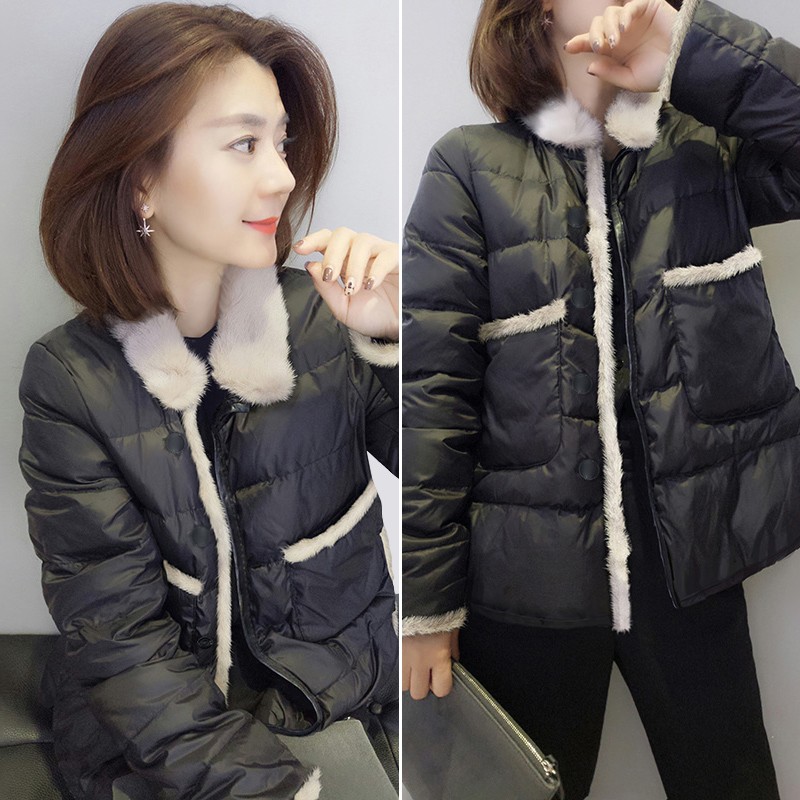 撞色减龄羊羔毛翻领短款棉服女黑色休闲外套秋冬季新款2025欧洲站