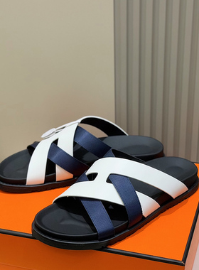 邦家尼欧洲站真皮橙色嘻哈男鞋凉拖鞋休闲度假外穿男拖鞋一字拖男