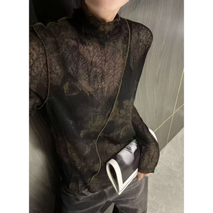 2026秋季设计感复古提花网纱长袖T恤女修身显瘦半高领打底衫上衣