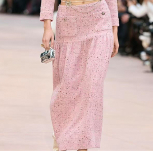 雾粉色粗花呢半身裙女高腰显瘦A字中长款裙子大小姐氛围时髦精致