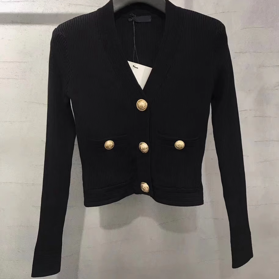 欧洲站2025春季金扣小香风冰丝修身弹力垫肩针织开衫V领短外套女,淘宝优惠券,粉丝福利购,淘宝优惠卷