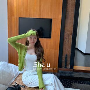 慵懒毛衣 新款 甜美绿色蓝色奶黄色韩系纯欲风复古织开衫 女2026春季