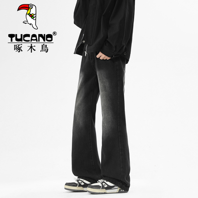 啄木鸟美式微喇牛仔裤男加绒青少年秋冬季直筒高街宽松男生长裤子