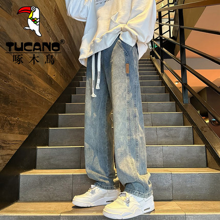啄木鸟秋冬季直筒牛仔裤男士美式宽松潮牌高街休闲阔腿加绒长裤子