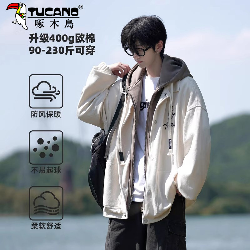 啄木鸟日系假两件外套男秋冬季青少年宽松连帽夹克大码男生棒球服