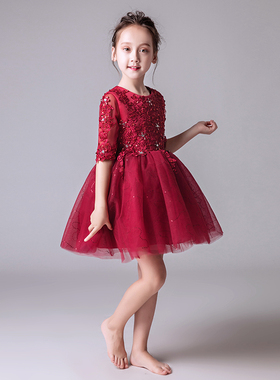 红色公主裙女童生日小女孩花童婚纱礼服儿童主持人钢琴演出服演奏