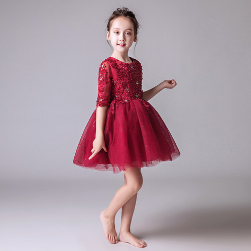 红色生日小女孩花童婚纱春夏礼服