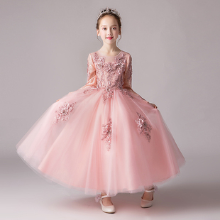 女童礼服粉色公主裙生日花童婚纱儿童小主持人钢琴演出服表演秋冬