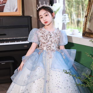 女童主持人礼服蓝色高端公主裙小女孩花童儿童钢琴演出服表演夏季