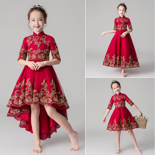 六一儿童主持人钢琴演出服 中国风花童礼服红色公主裙女童生日中式