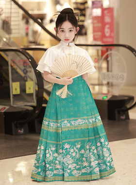 女童马面裙套装夏天女孩薄款汉服古装夏季中国风绿色儿童明制唐装