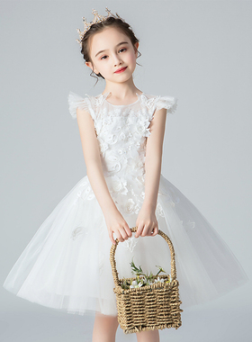 儿童礼服公主裙女童蓬蓬纱白色小女孩花童婚礼主持人钢琴演出服夏