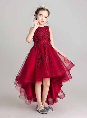 儿童礼服公主裙女童生日红色小花童主持人缎面钢琴演出服表演夏季