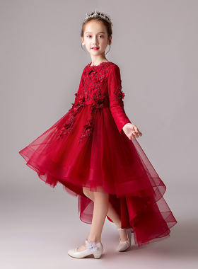 儿童礼服公主裙女童生日红色长袖花童婚纱主持人钢琴演出服秋冬季
