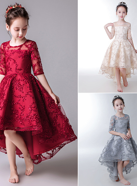 公主裙女童生日儿童礼服小女孩花童婚礼主持人钢琴演出服红色夏季