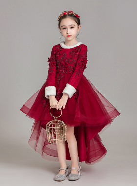 儿童礼服公主裙女童红色长袖加绒花童主持人钢琴演出服演奏秋冬季