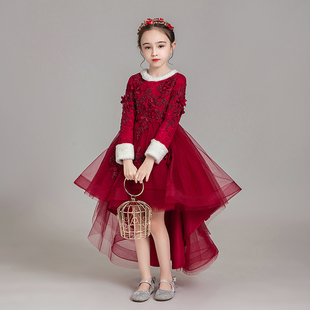 儿童礼服公主裙女童红色长袖加绒花童主持人钢琴演出服演奏秋冬季
