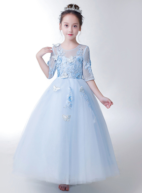 儿童礼服蓝色公主裙女童生日走秀小女孩花童婚纱主持人钢琴演出服