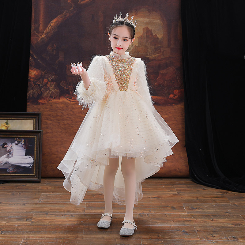 女童加绒礼服公主裙生日前短后长花童主持人儿童钢琴演出服秋冬季