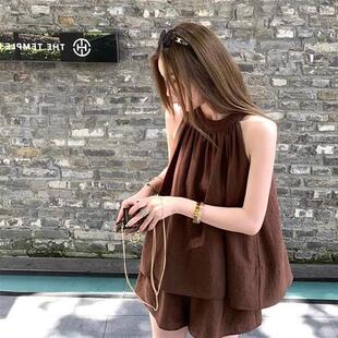 度假风无袖漏肩挂颈上衣短裤两件套女夏季新款气质减龄时尚套装潮