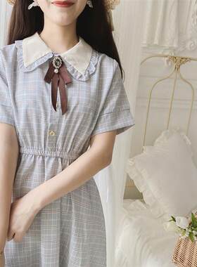 小清新学院风雪纺洋装女2025夏季新款学生少女格子收腰森系裙子