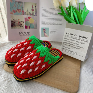 手工冰条毛线编织拖鞋秋冬保暖毛拖鞋家居舒适拖鞋婚假勾拖鞋成品