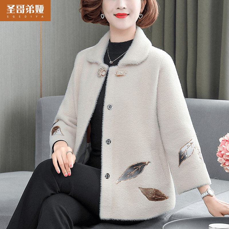 中老年女装妈妈秋冬装毛呢外套新款40岁50岁冬装上衣仿水貂绒外套