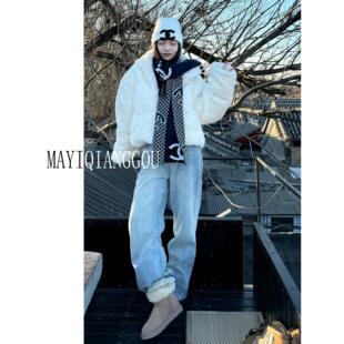 175高个子加长高腰显瘦窄版阔腿裤女秋冬加绒裤子宽松直筒牛仔裤