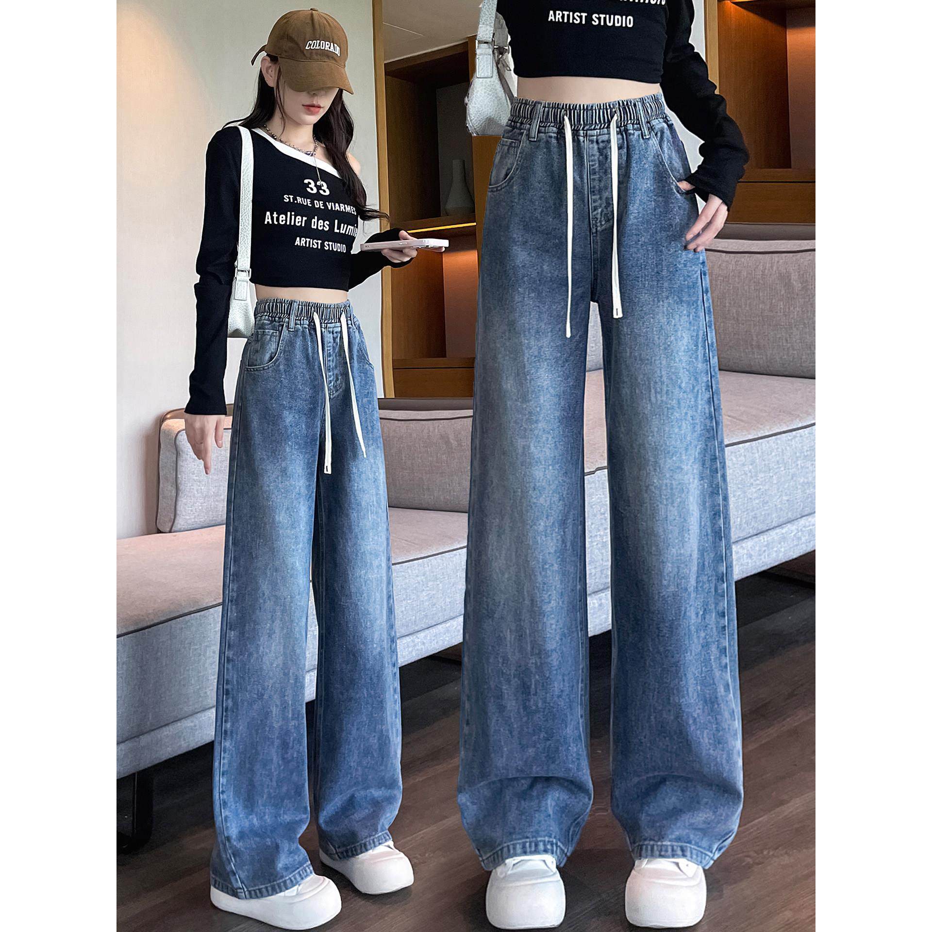 2025新款松紧腰高腰牛仔裤高中初中学生少女直筒裤宽松秋季阔腿裤