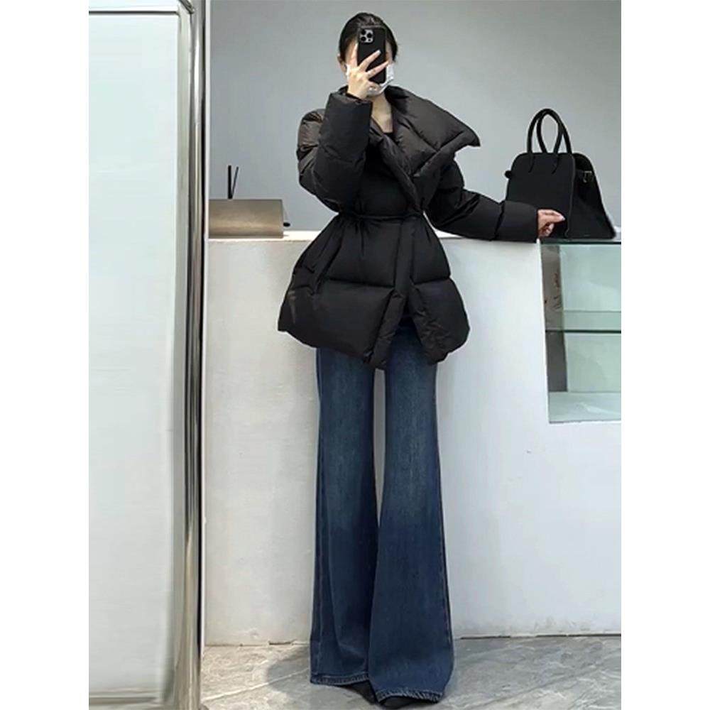 高个子腰遮胯阔腿微喇牛仔裤女不贴腿显瘦秋冬宽松喇叭直筒拖地裤