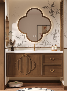 宋式美学浴室柜组合风水镜中古风实木烤漆陶瓷一体盆洗手池洗漱台