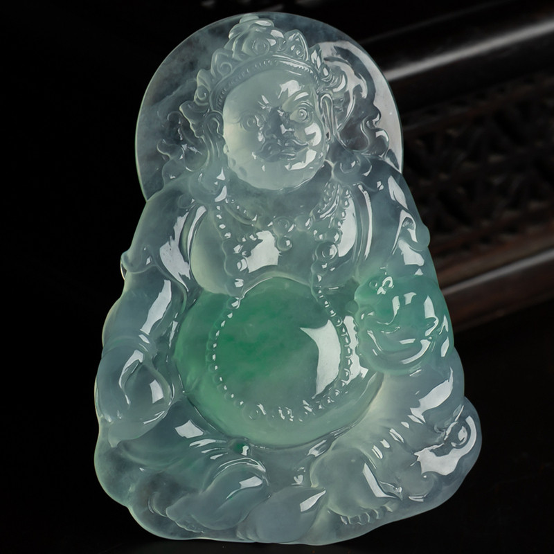 缅甸天然翡翠A货珠宝玉石带证书-老坑种冰飘阳绿精雕黄财神吊坠