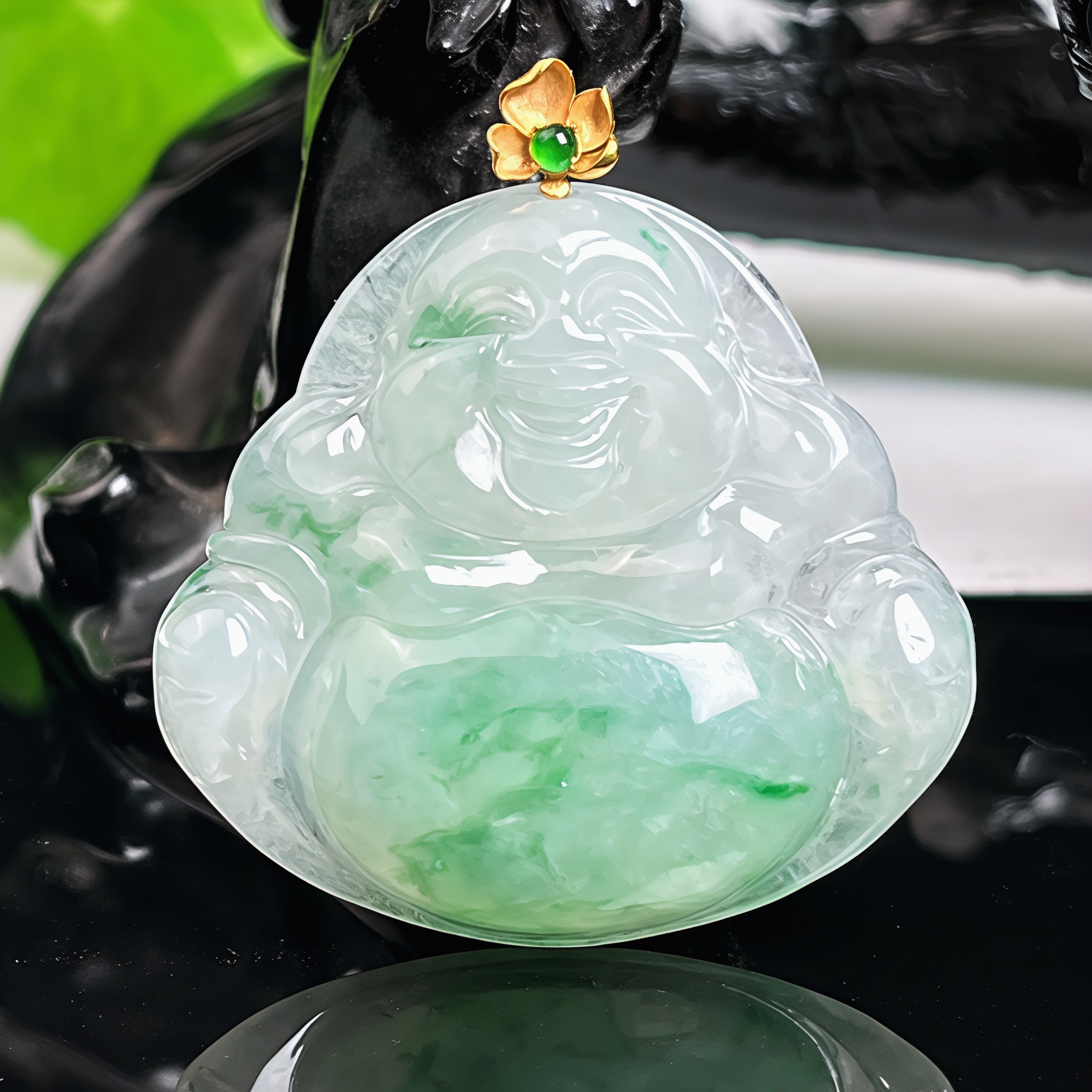 缅甸天然翡翠18k金镶嵌佛公吊坠